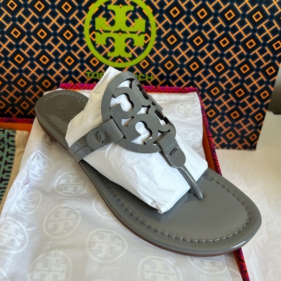 Tory Burch Shoes - Tory Burch Miller Patent Leather Sandal Size 7 Malta Gray